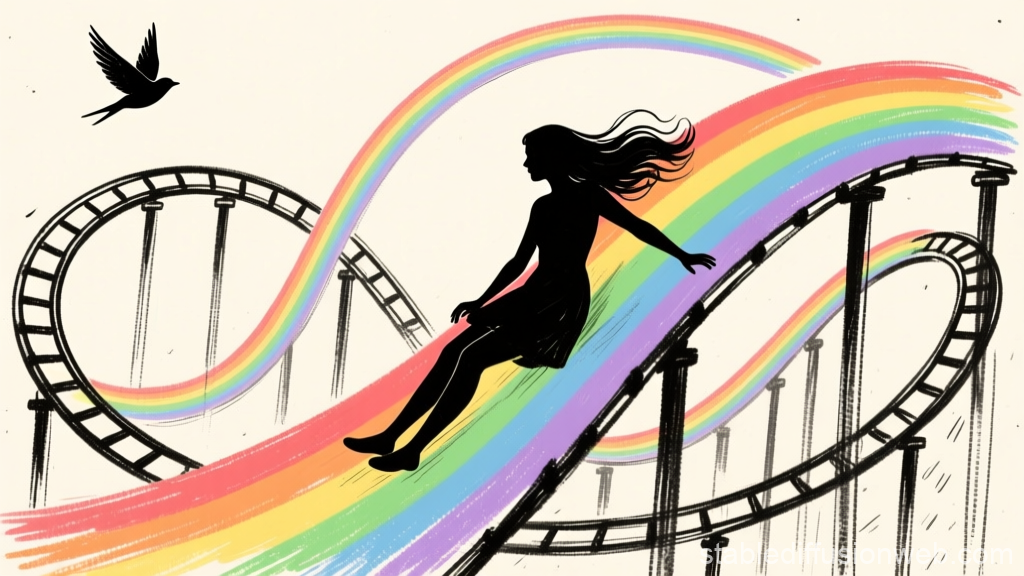 Silhouette of Woman Sliding Down a Rainbow Roller Coaster