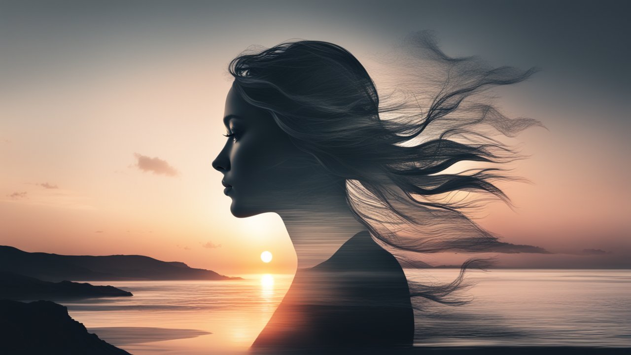 Silhouette of Woman with Flowing Hair at Sunset Over Ocean