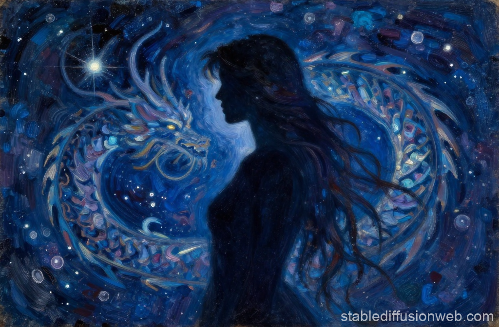 Silhouette of Woman with Mystical Dragon in Starry Night