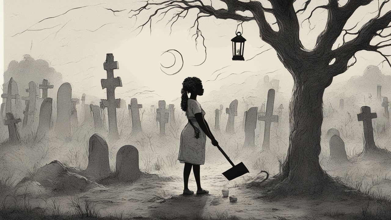 Silhouette of Woman with Shovel in Graveyard at Night