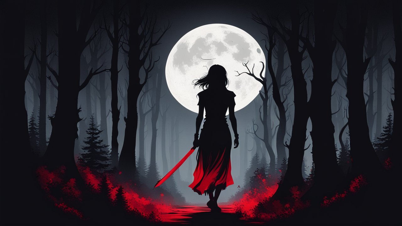 Silhouette of Woman with Sword Under Full Moon in Dark Forest