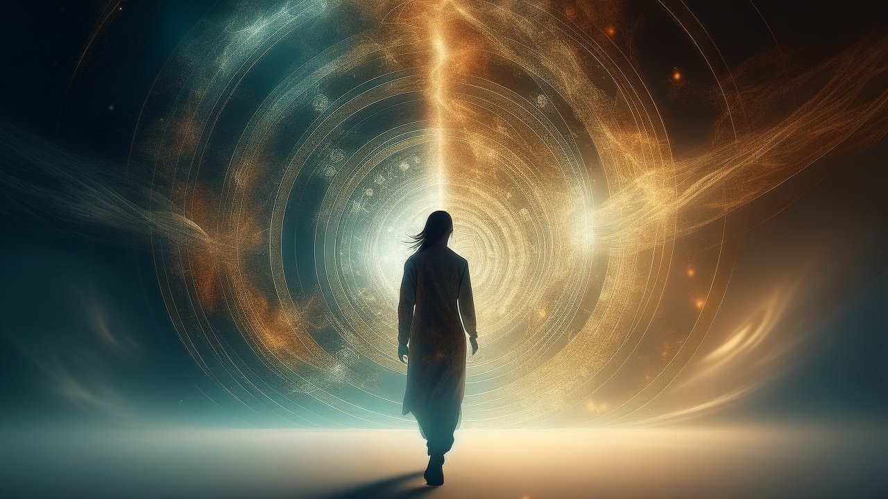 Silhouette Walking Into a Mystical Light Vortex