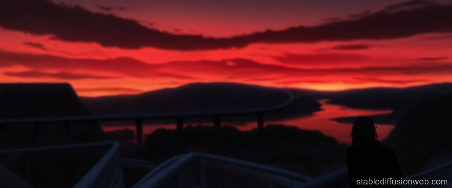 Silhouette Watching a Fiery Sunset Over a River Valley