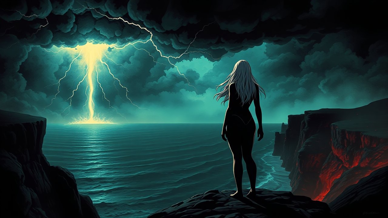 Silhouette Watching Psychedelic Lightning Over Ocean