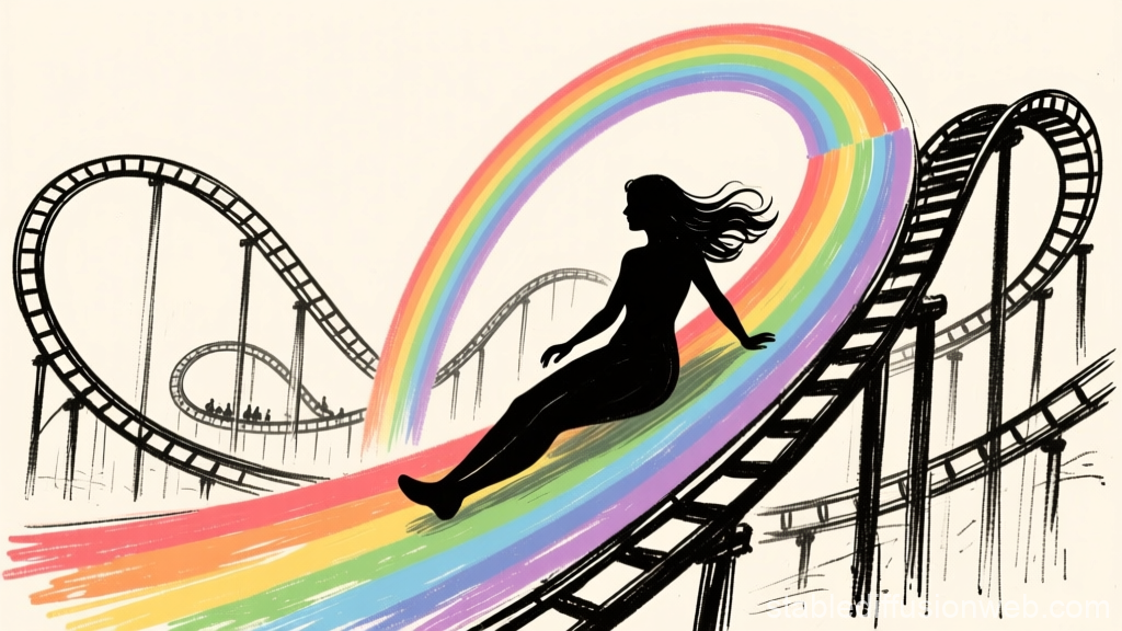 Silhouette Woman Sliding on a Rainbow Roller Coaster