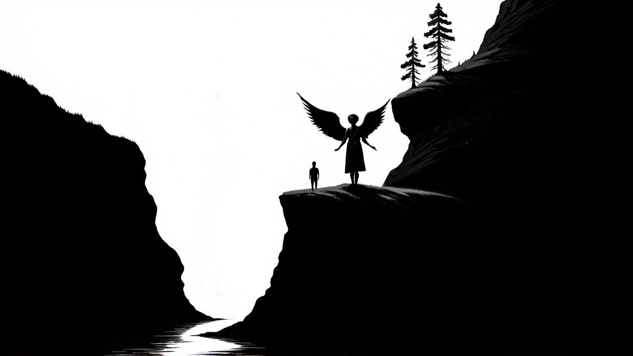 Silhouetted Angel and Figure on Cliff Edge