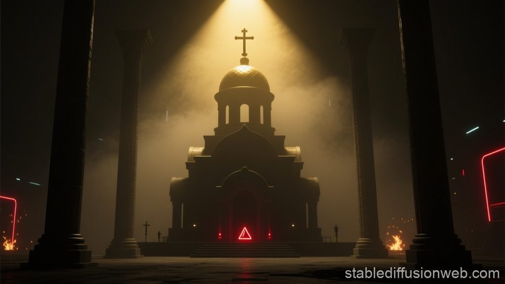 Silhouetted Church Illuminated by Divine Light in Futuristic Setting