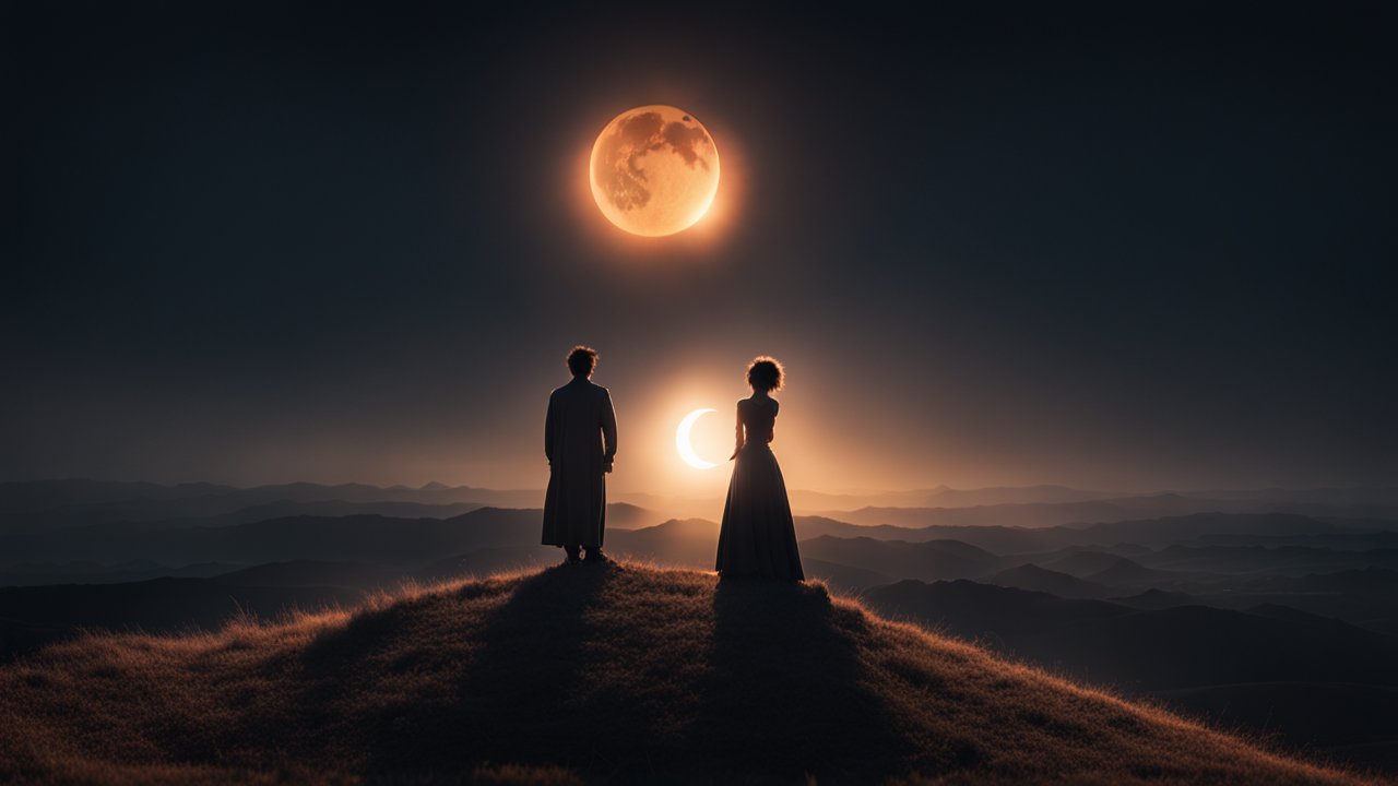 Silhouetted Couple Under Dual Moons on a Hilltop