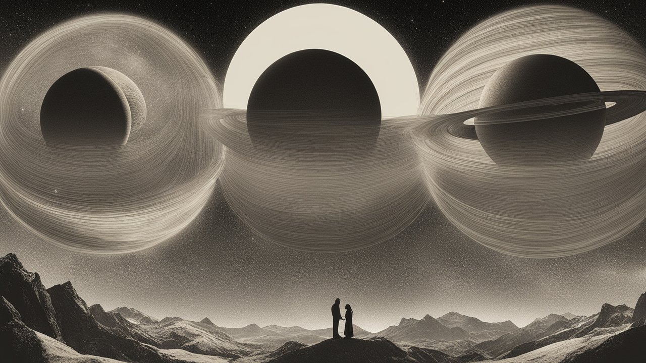 Silhouetted Couple Under Three Giant Ringed Planets