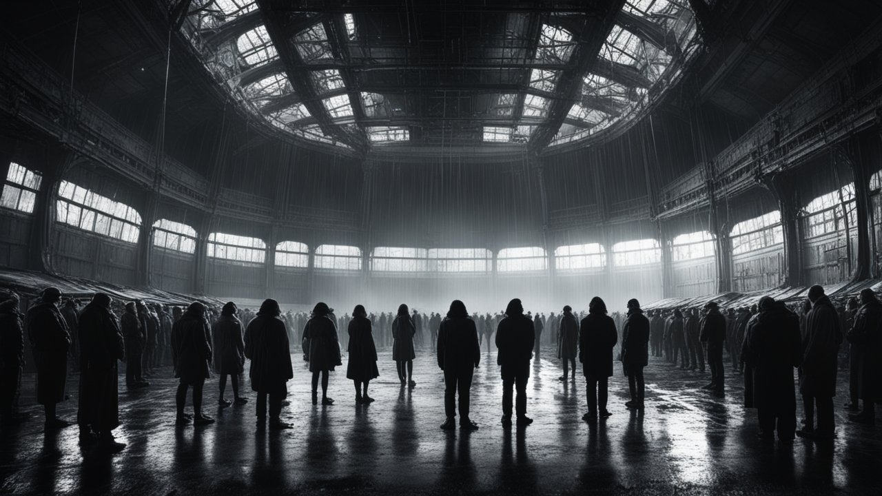 Silhouetted Crowd in a Vast Industrial Dome