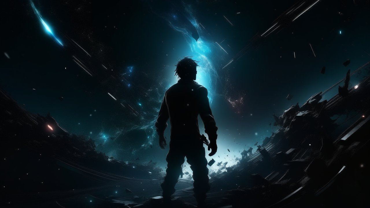 Silhouetted Figure in a Cosmic Sci-Fi Scene