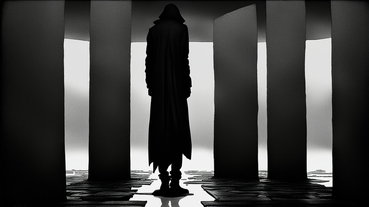 Silhouetted Figure in Dark Abstract Space