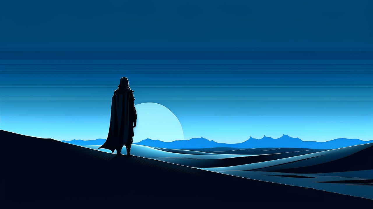 Silhouetted Figure Overlooking Minimalist Blue Desert Landscape