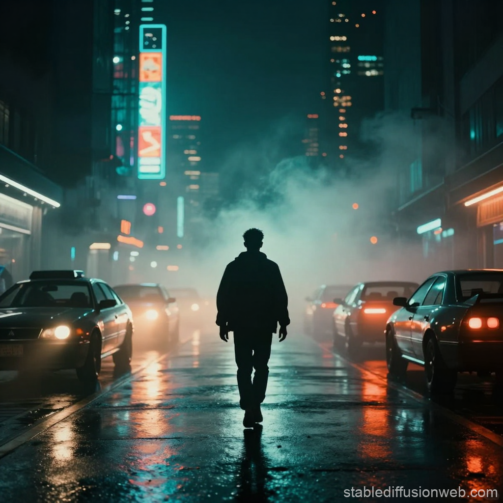 Silhouetted Figure Walking on Neon-Lit Cyberpunk Street at Night
