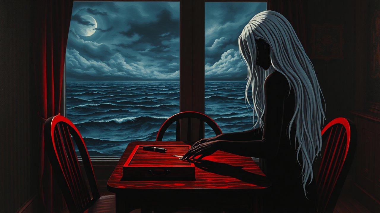 Silhouetted Figure with Long White Hair by Moonlit Ocean Window