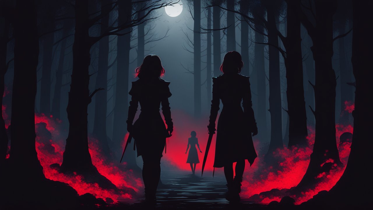 Silhouetted Figures in a Moonlit Forest with Red Mist