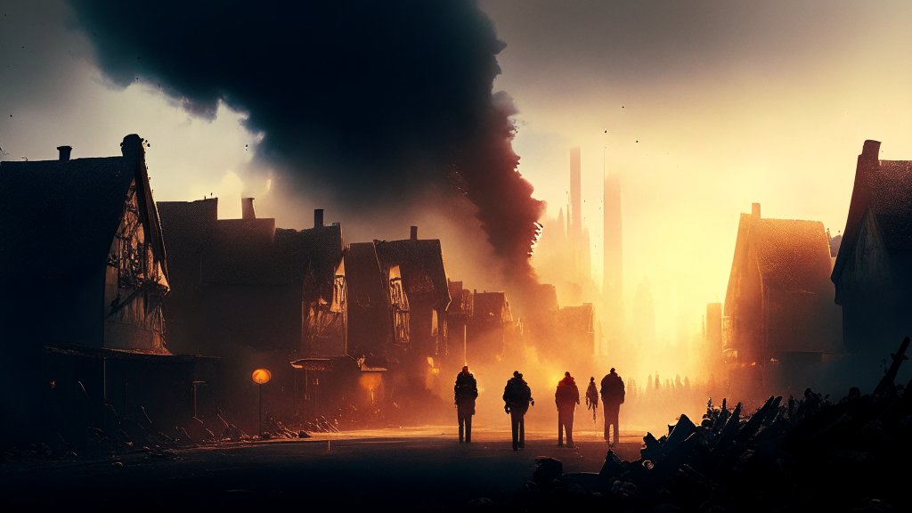 Silhouetted Figures Walking Through a Burning Village at Sunset