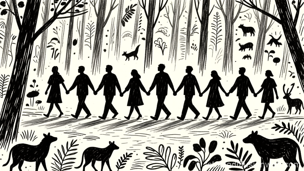 Silhouetted Forest Walkers Holding Hands with Animals