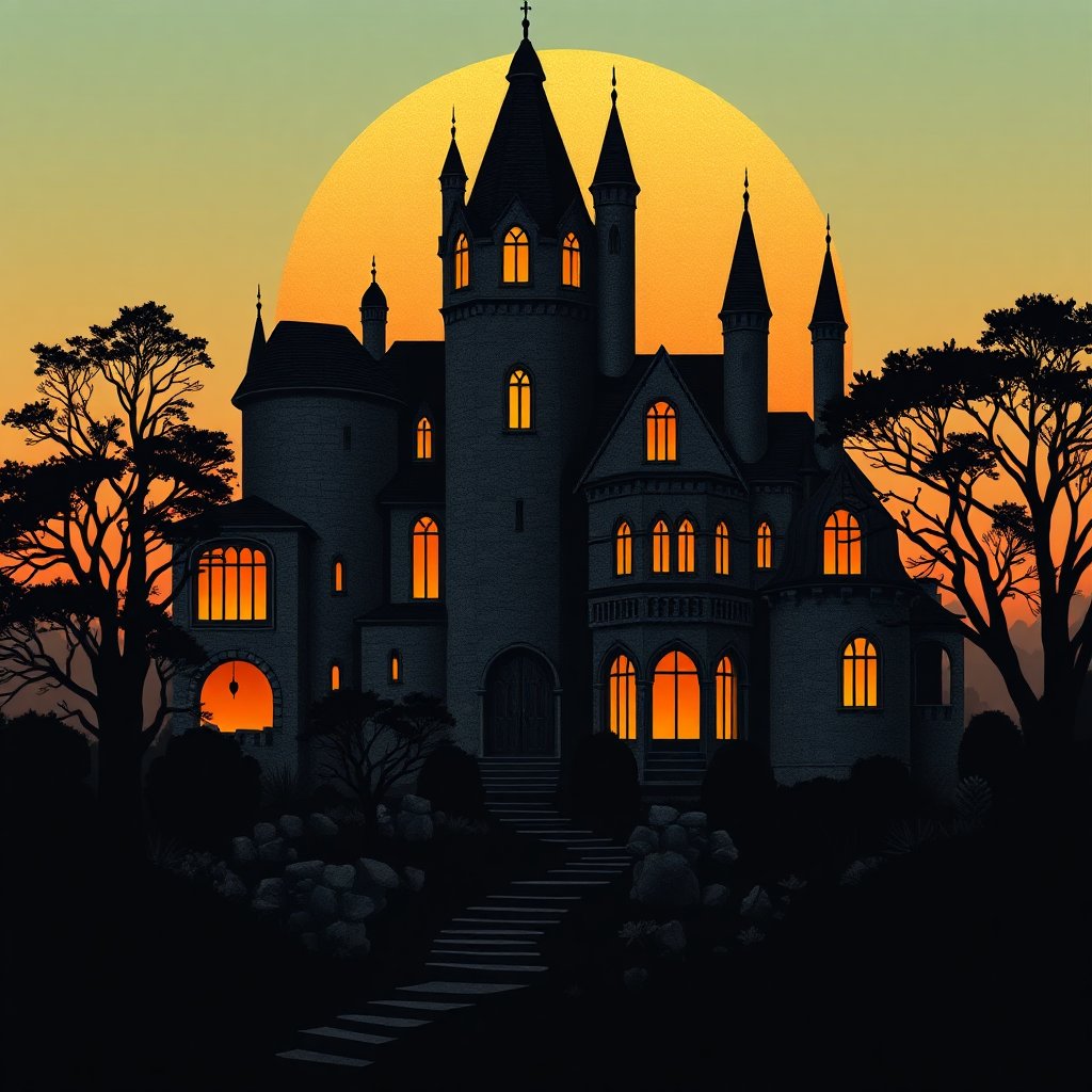 Silhouetted Gothic Castle at Sunset