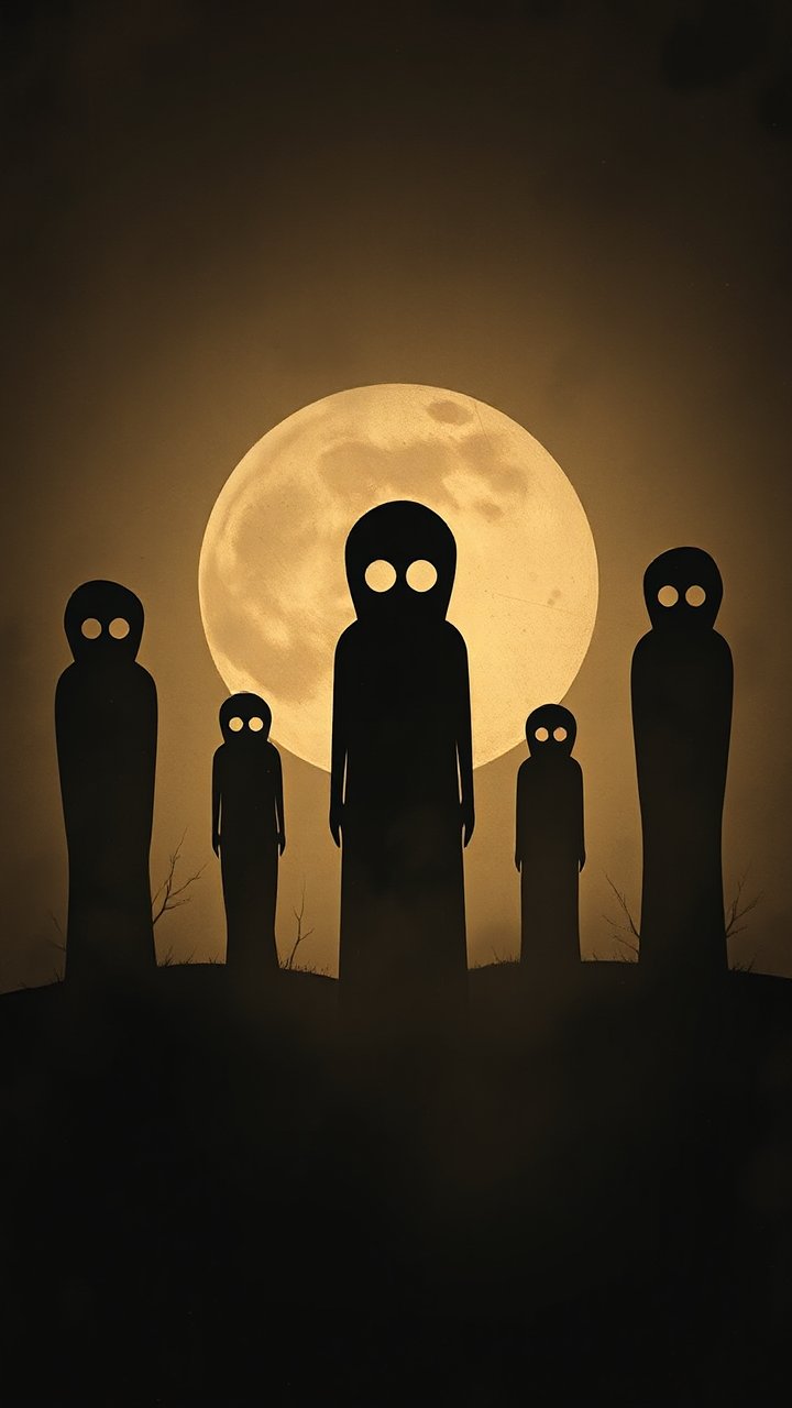 Silhouetted Haunted Figures Against a Full Moon