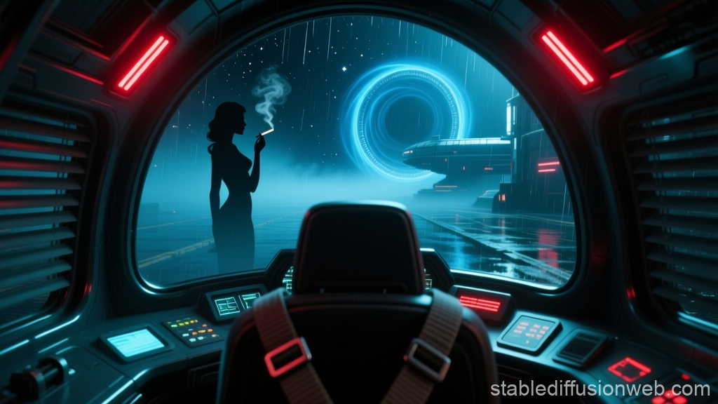 Silhouetted Pilot Smoking in Futuristic Sci-Fi Cockpit