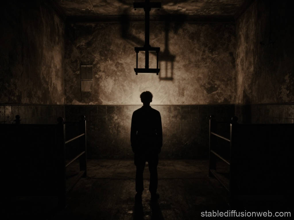 Silhouetted Prisoner in Dimly Lit Vintage Cell