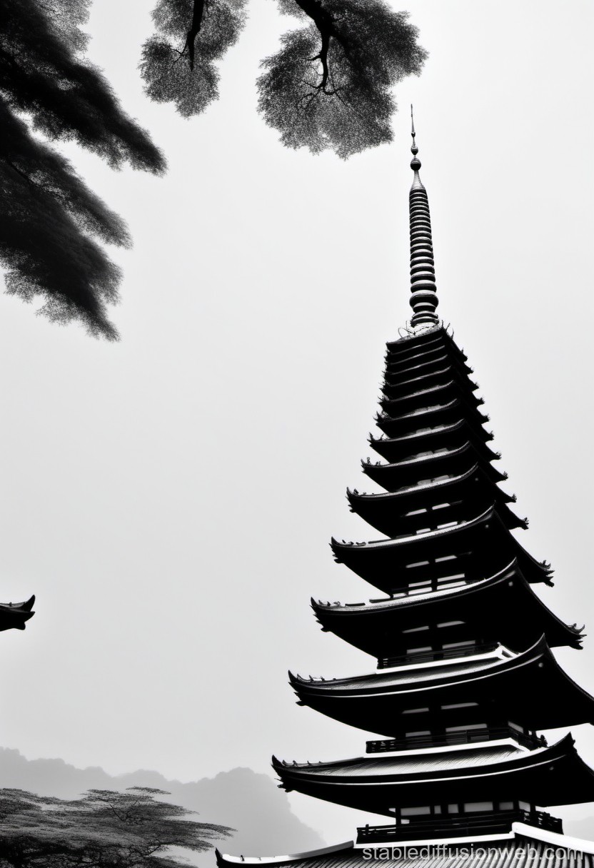Silhouetted Traditional Japanese Pagoda with Tree Canopy
