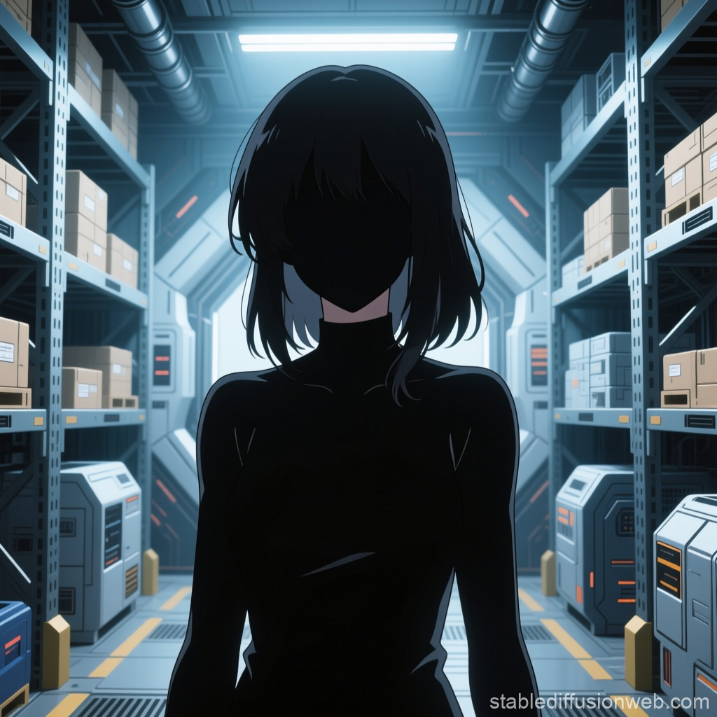 Silhouetted Woman in Futuristic Spacecraft Storage Room