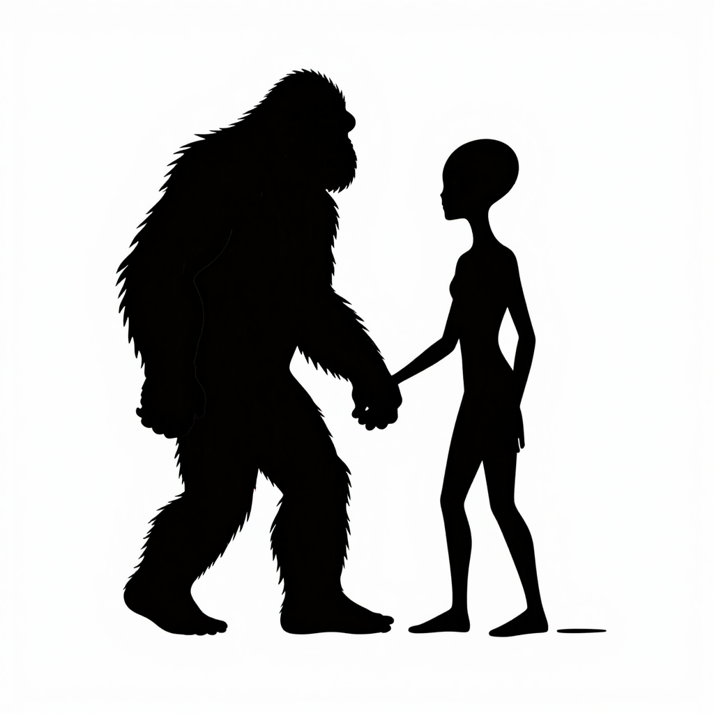 Silhouettes of Sasquatch and Alien Holding Hands