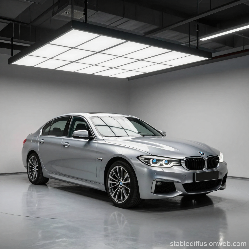 Silver BMW Sedan in Modern Garage