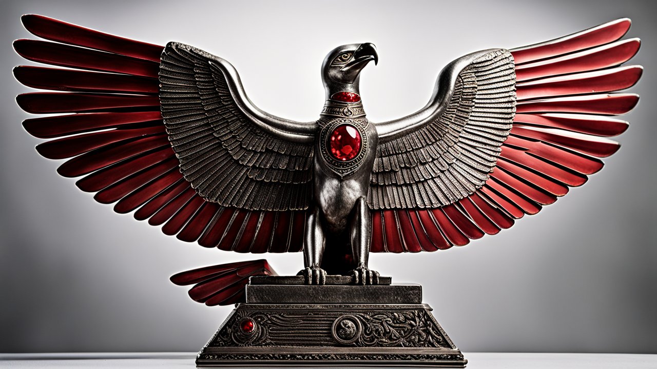 Silver Egyptian Falcon Statue with Red Accents