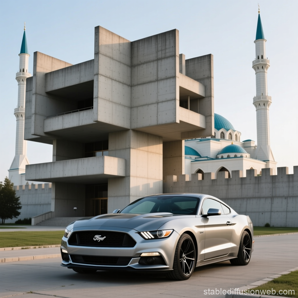Silver Ford Mustang Parked Near Modern Concrete Building and Mosque
