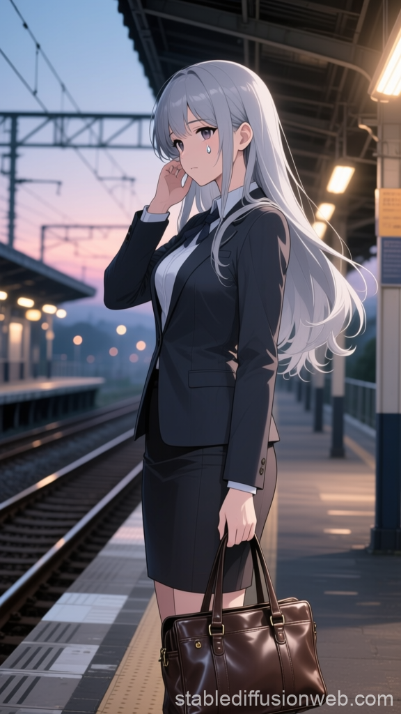 Silver-Haired Woman Waiting at Train Station at Dusk