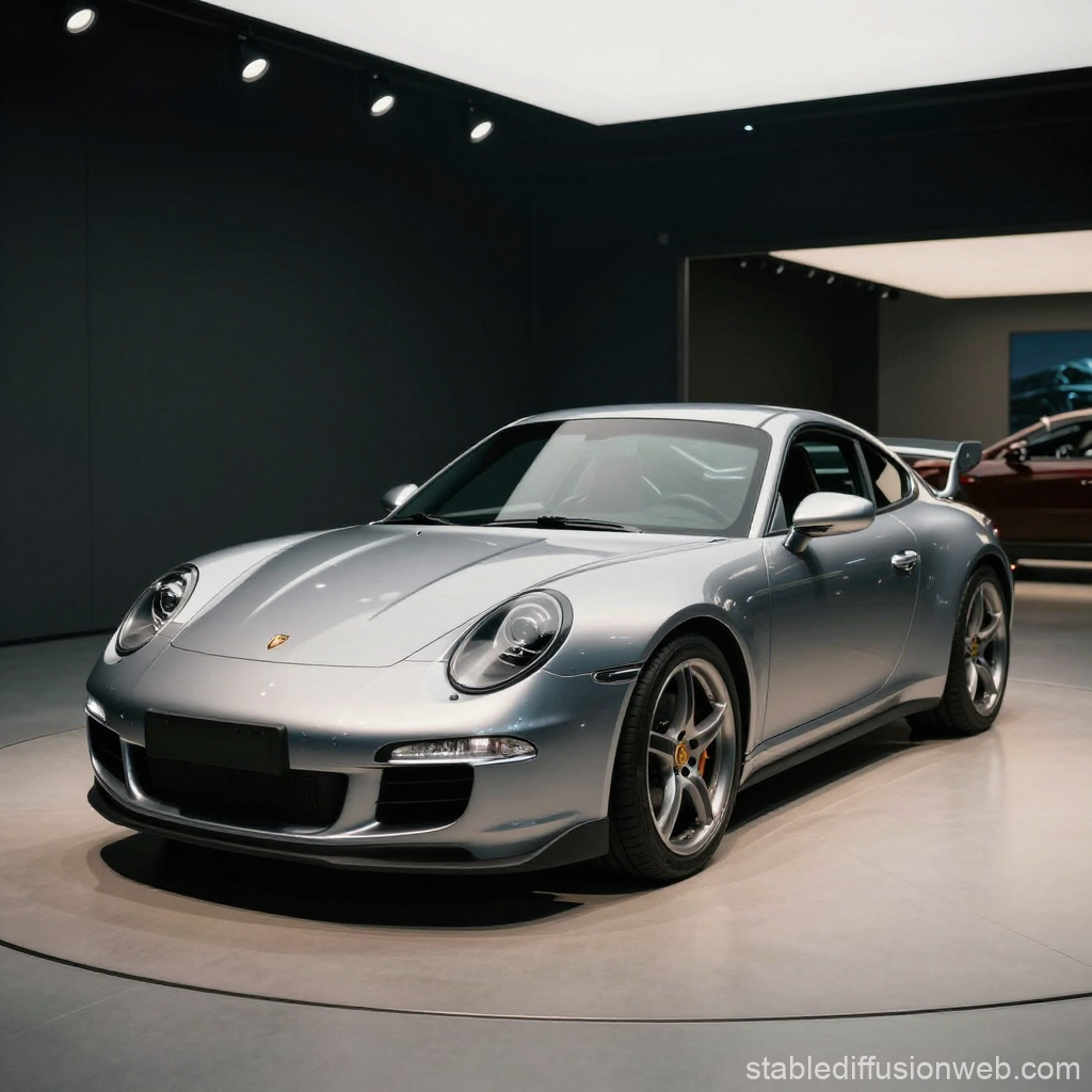 Silver Porsche Sports Car in Modern Showroom