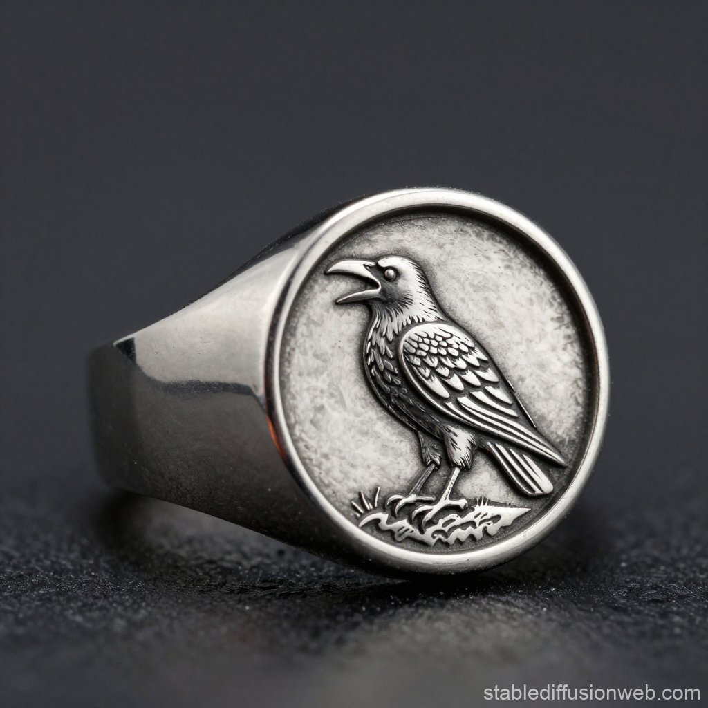 Silver Raven Signet Ring with Detailed Engraving