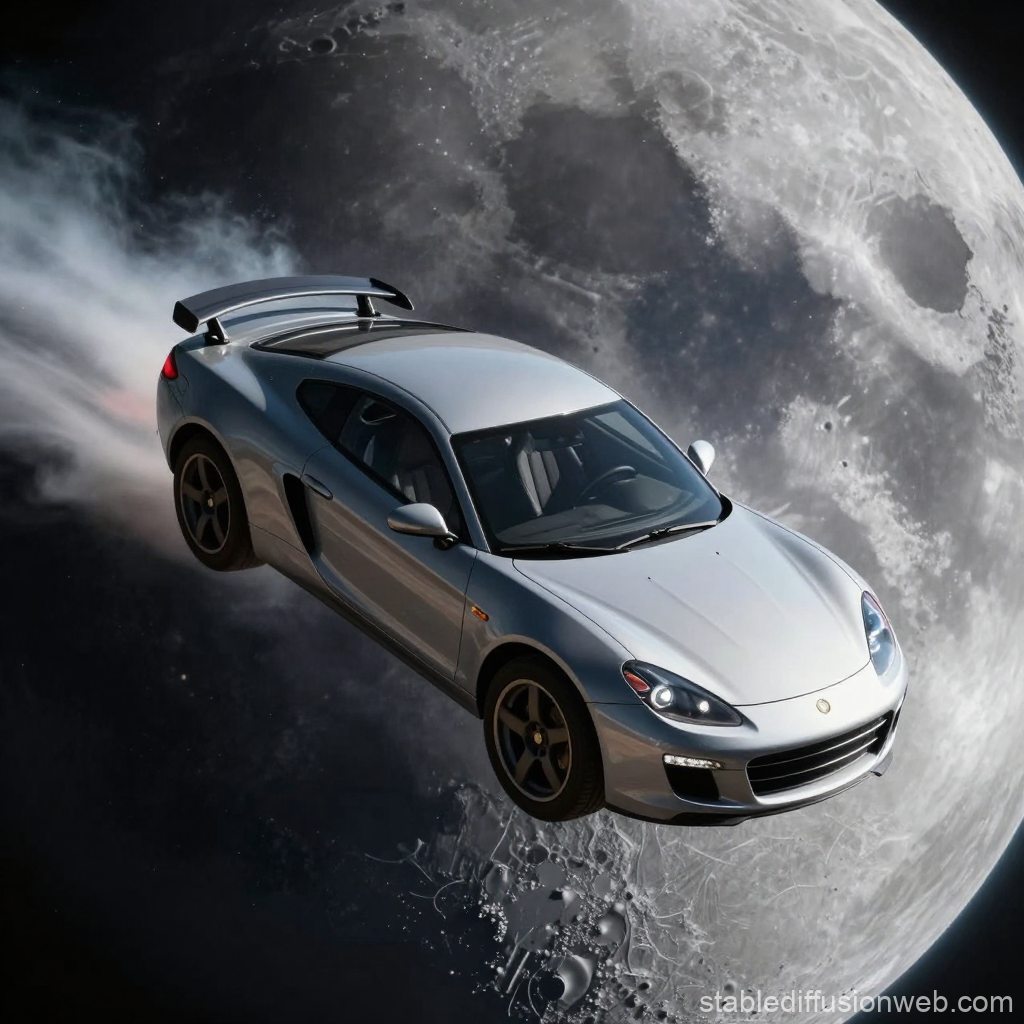 Silver Sports Car Flying Past the Moon