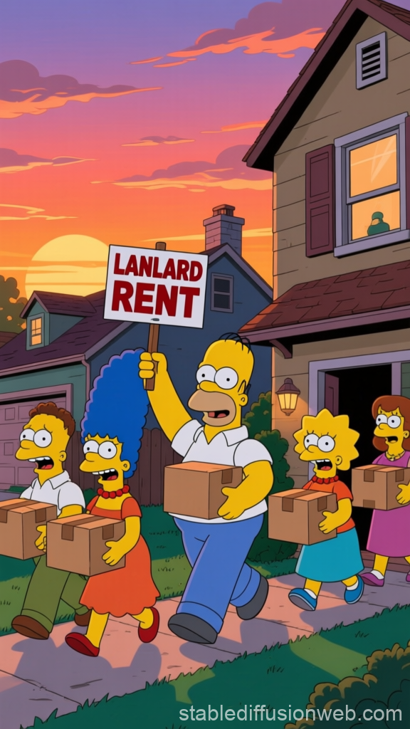 Simpsons Family Moving Out at Sunset with Rent Sign