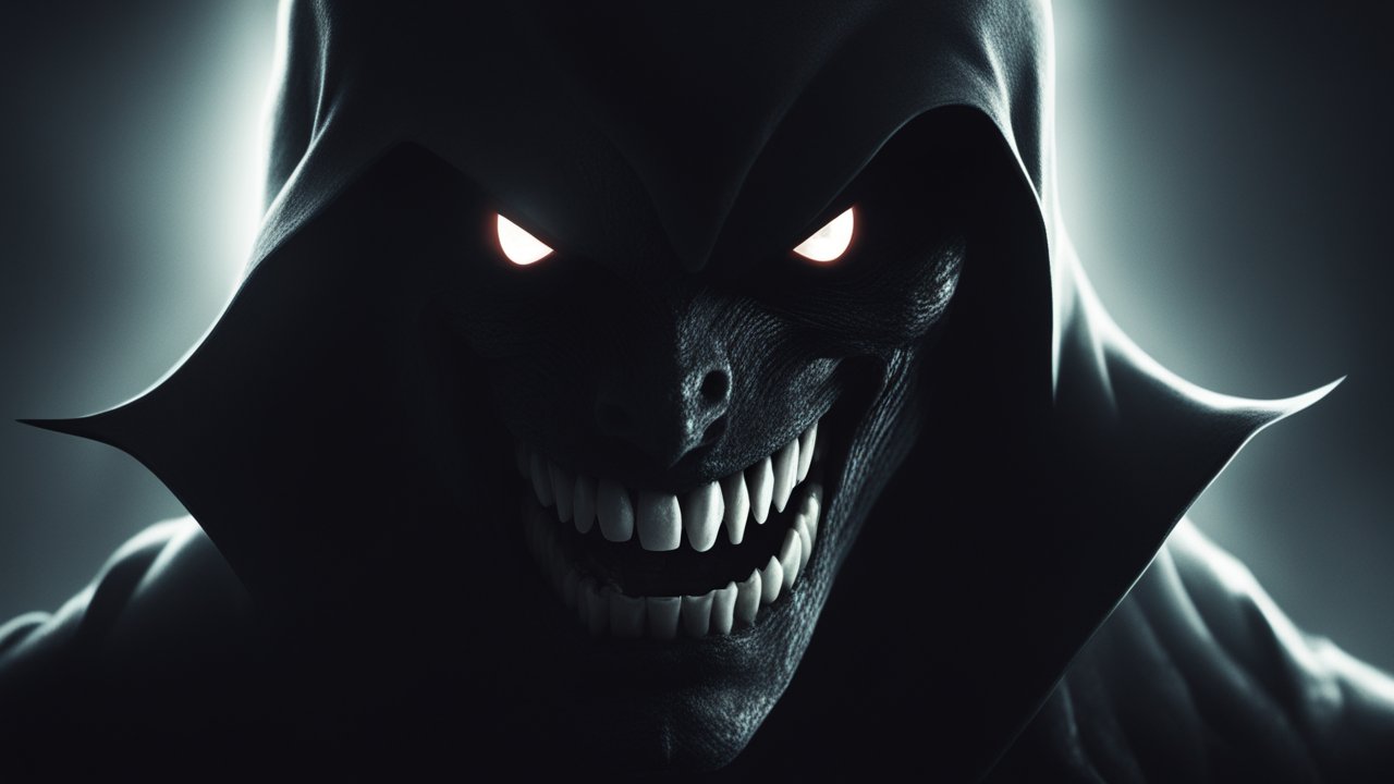 Sinister Shadow Figure with Glowing Eyes and Menacing Smile
