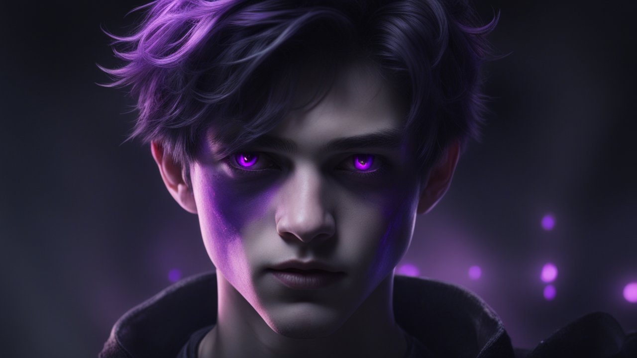 Sinister Young Man with Glowing Purple Eyes