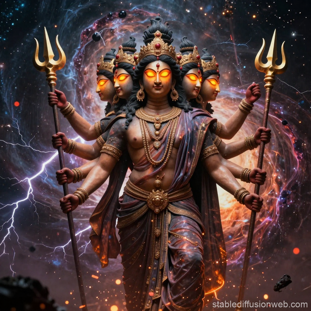 Six-Faced Cosmic God with Glowing Eyes and Tridents