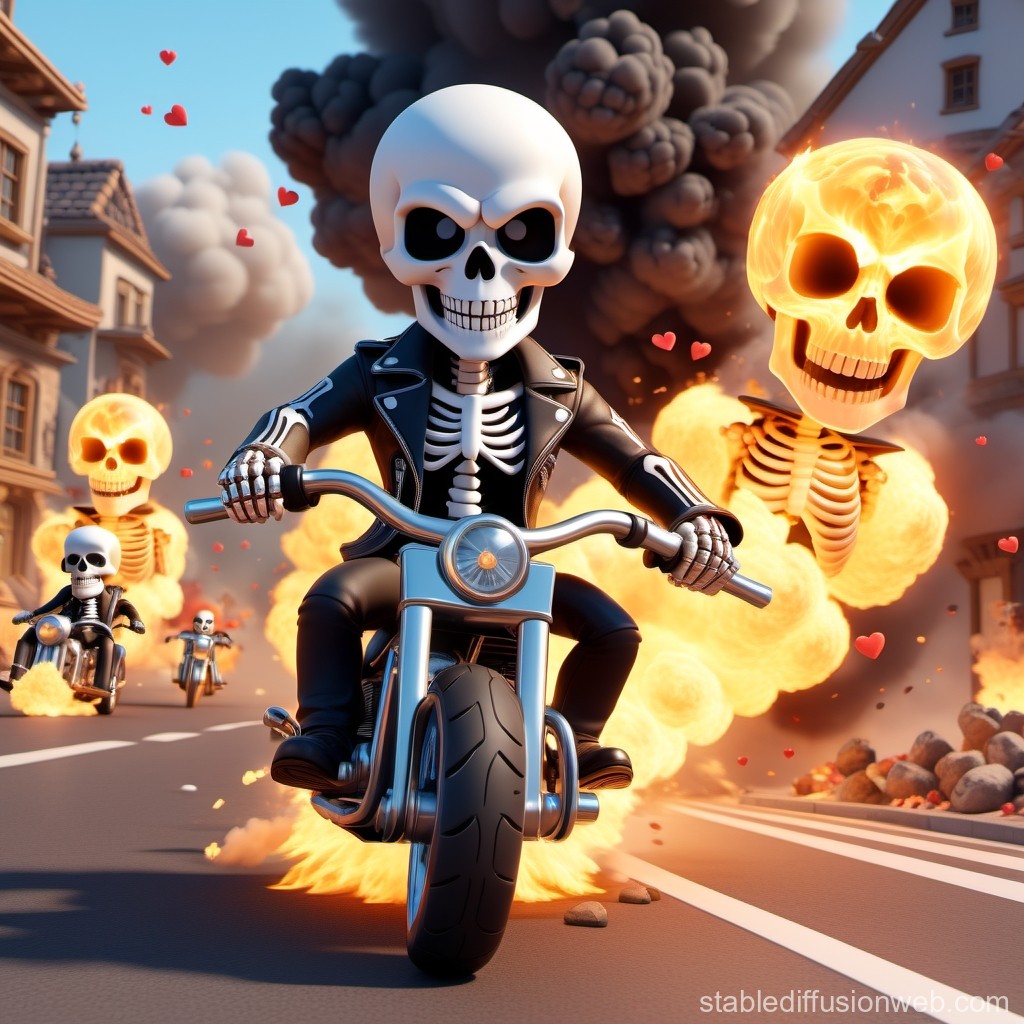 Skeleton Bikers Riding Through Explosive City Streets