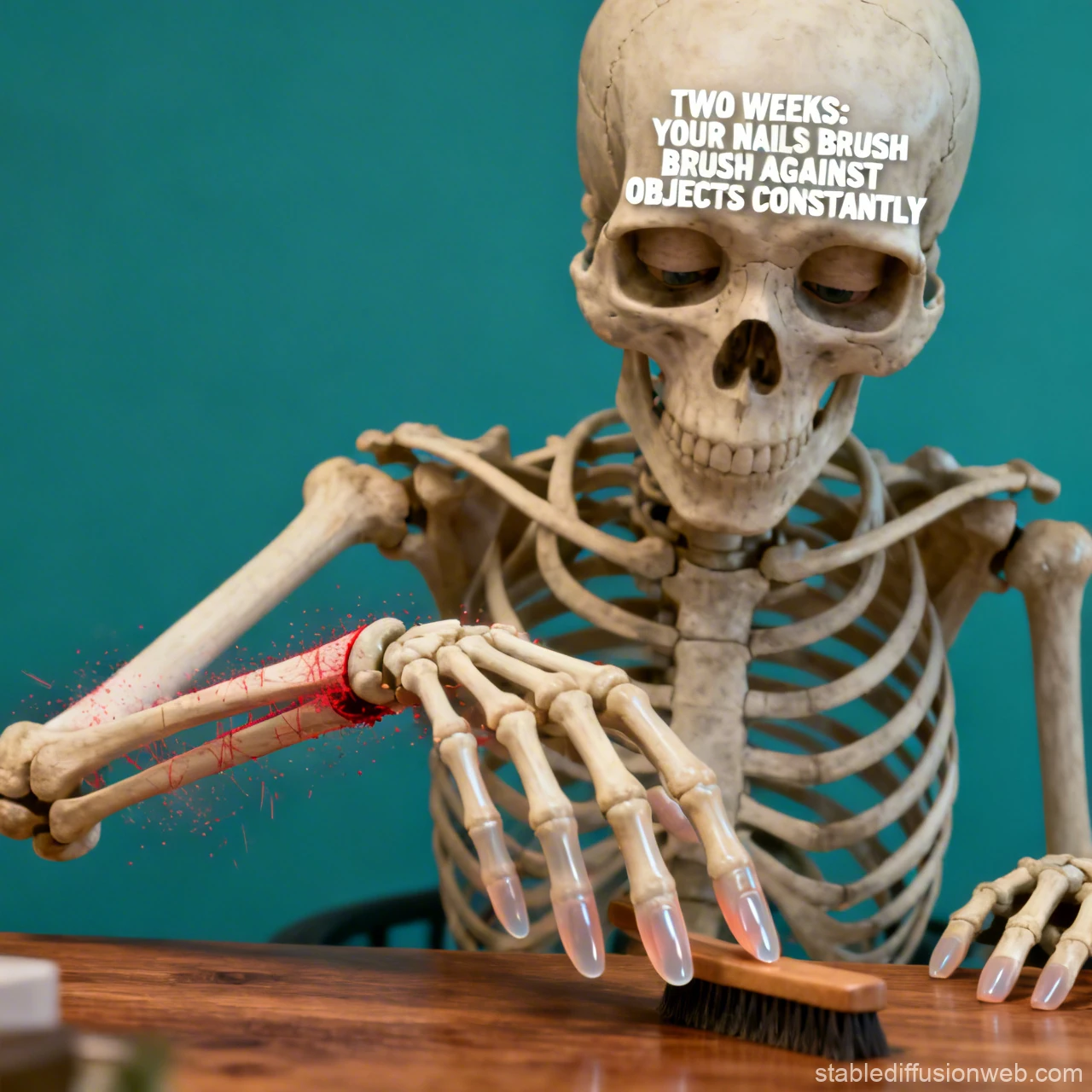 Skeleton Brushing Long Nails with Warning Text