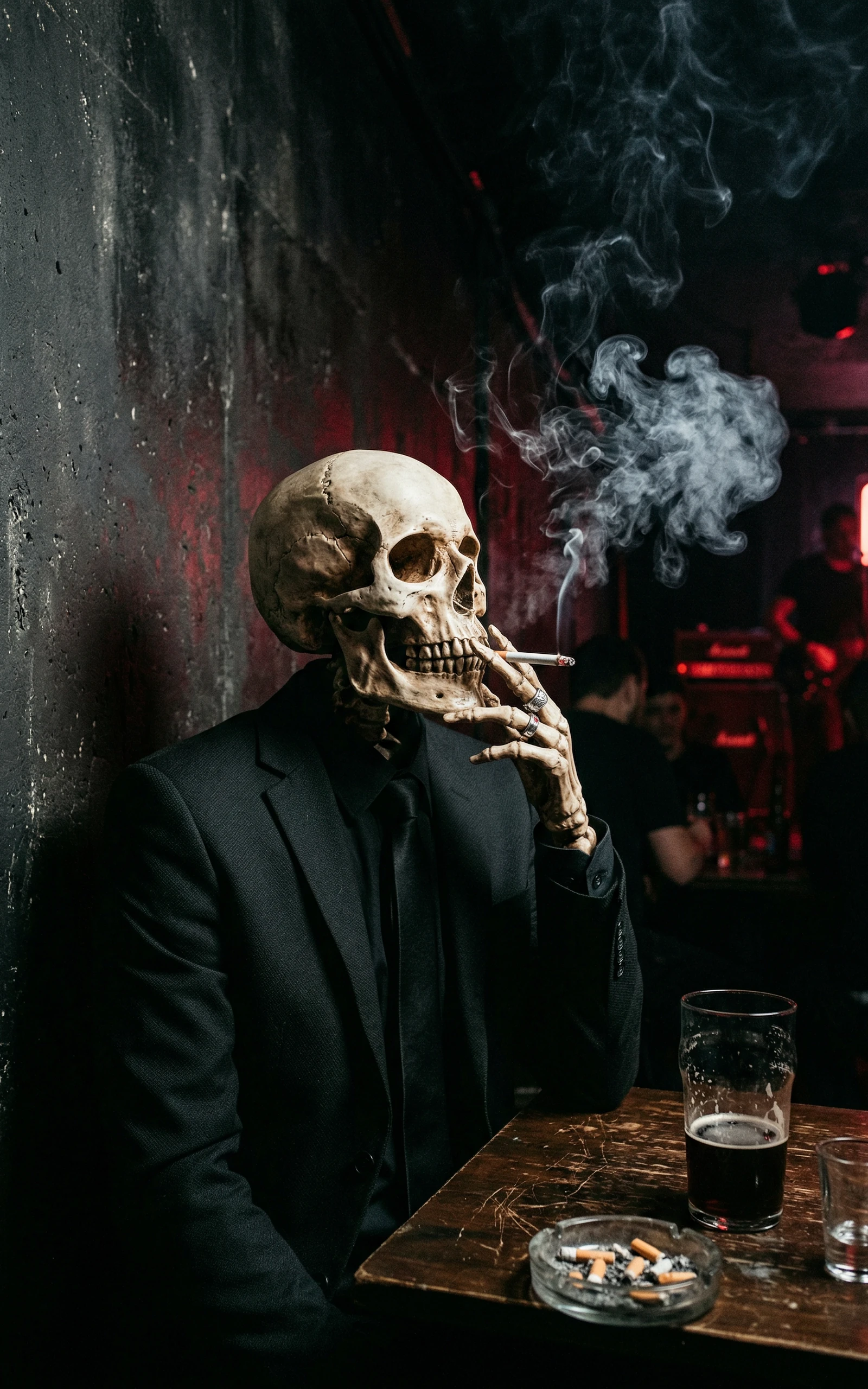 Skeleton in Noir Suit Smoking in a Dark Bar