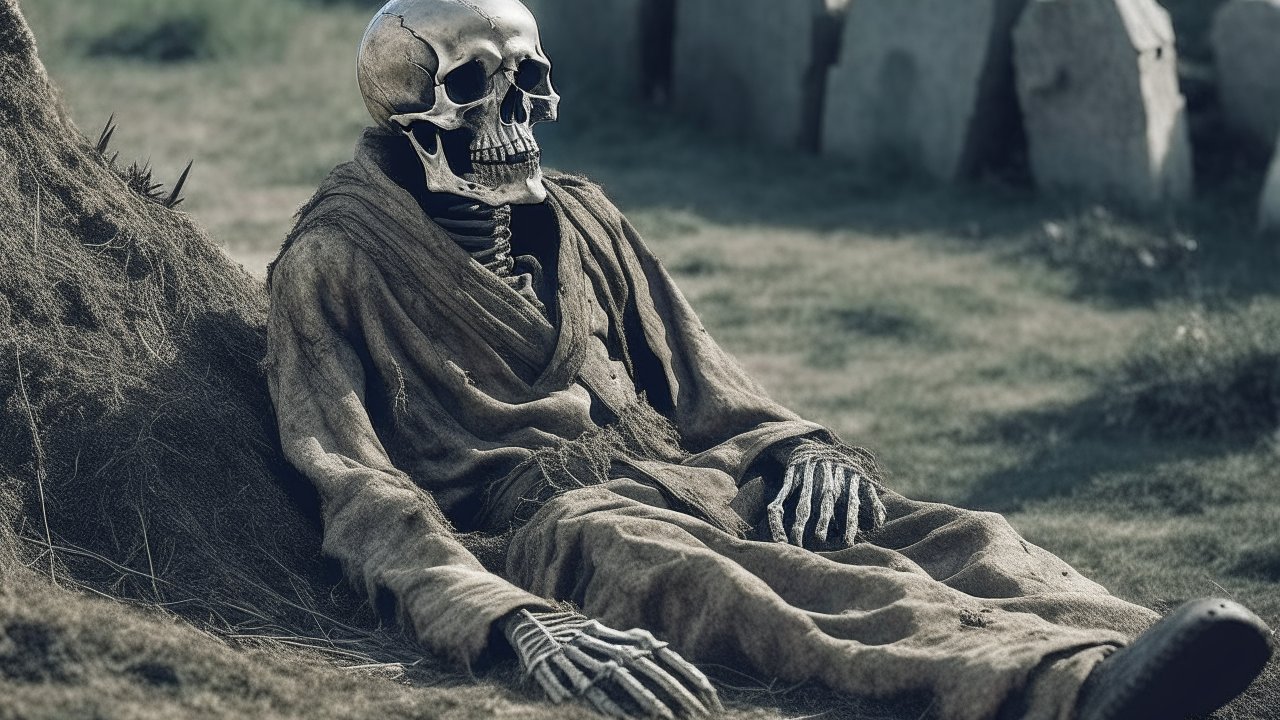 Skeleton in Tattered Robes Resting Against a Tree