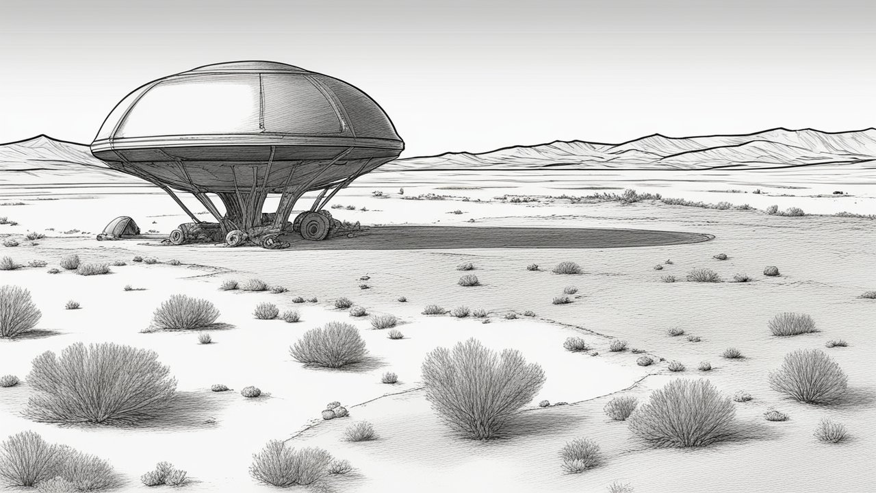 Sketch Drawing of a UFO in a Desert Landscape