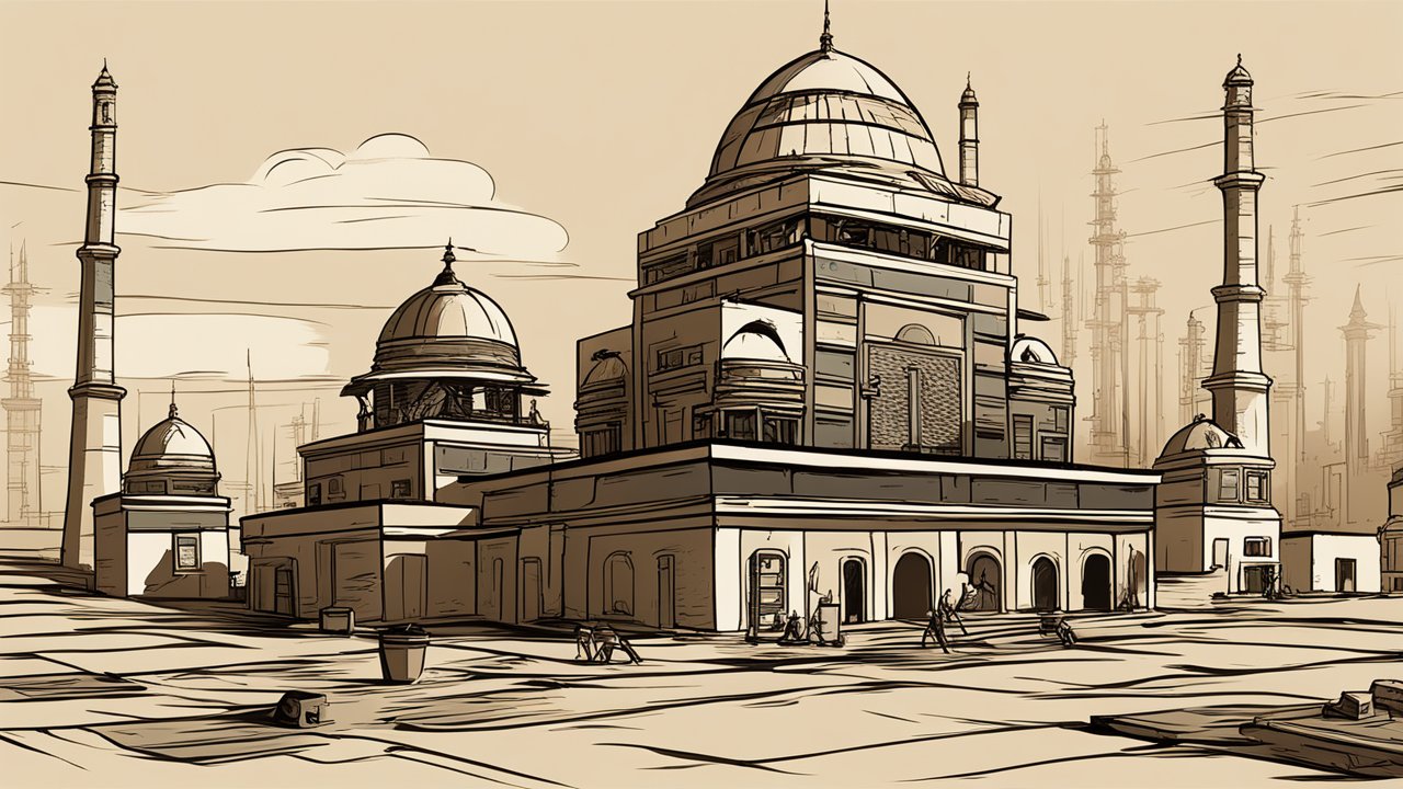 Sketch of a Historic Mosque with Minarets