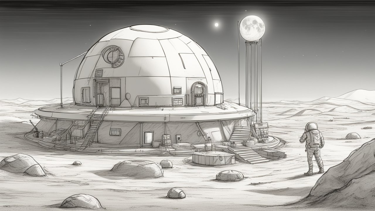 Sketch of a Lunar Base with Astronaut on Moon Surface