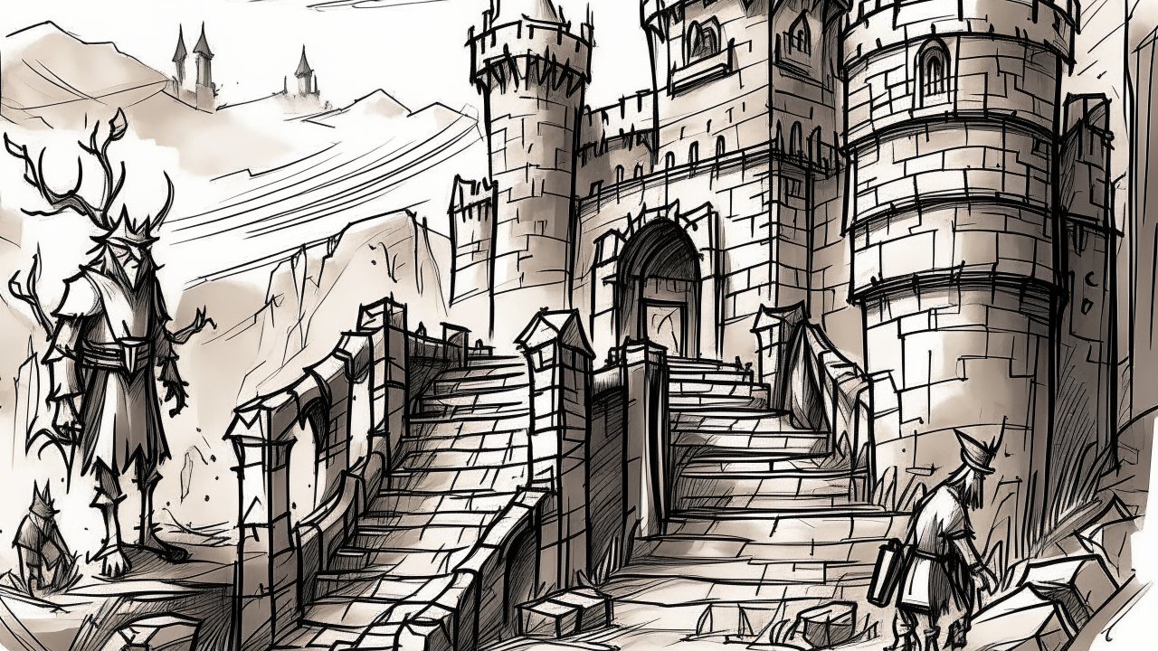 Sketch of a Medieval Castle with Mystical Figures