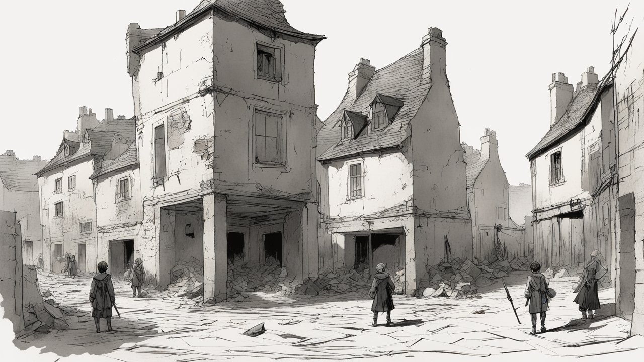 Sketch of a Quiet Village Square with Old Buildings