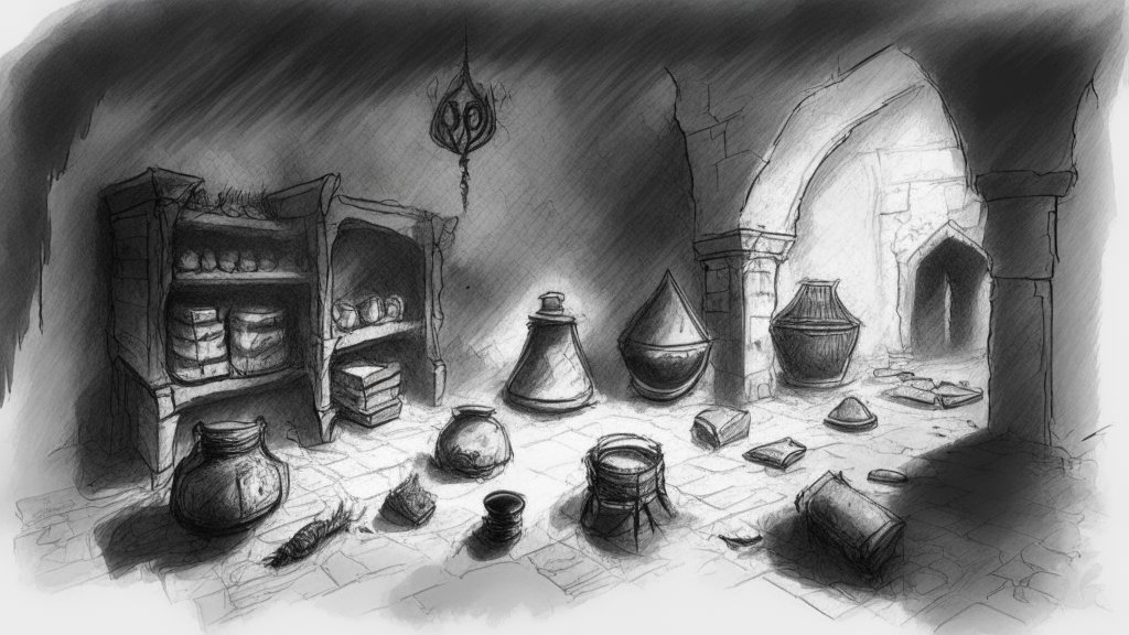 Sketch of an Ancient Storage Room with Pottery and Arches